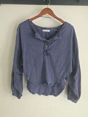 We The Free Washed Navy Button-Front Cropped Henley Sweatshirt